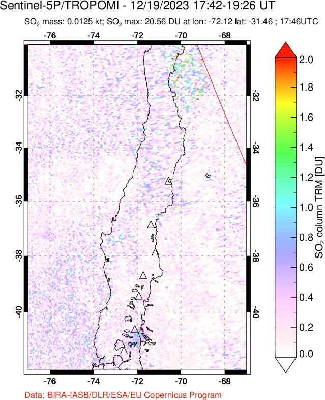 A sulfur dioxide image over Central Chile on Dec 19, 2023.