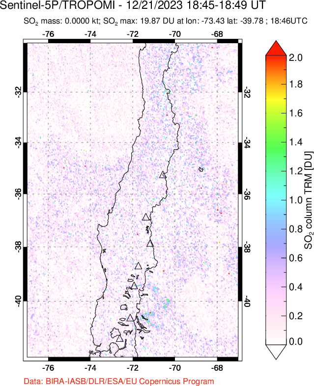 A sulfur dioxide image over Central Chile on Dec 21, 2023.