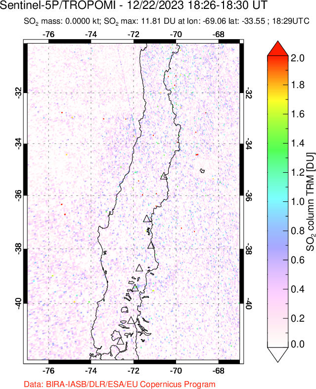 A sulfur dioxide image over Central Chile on Dec 22, 2023.