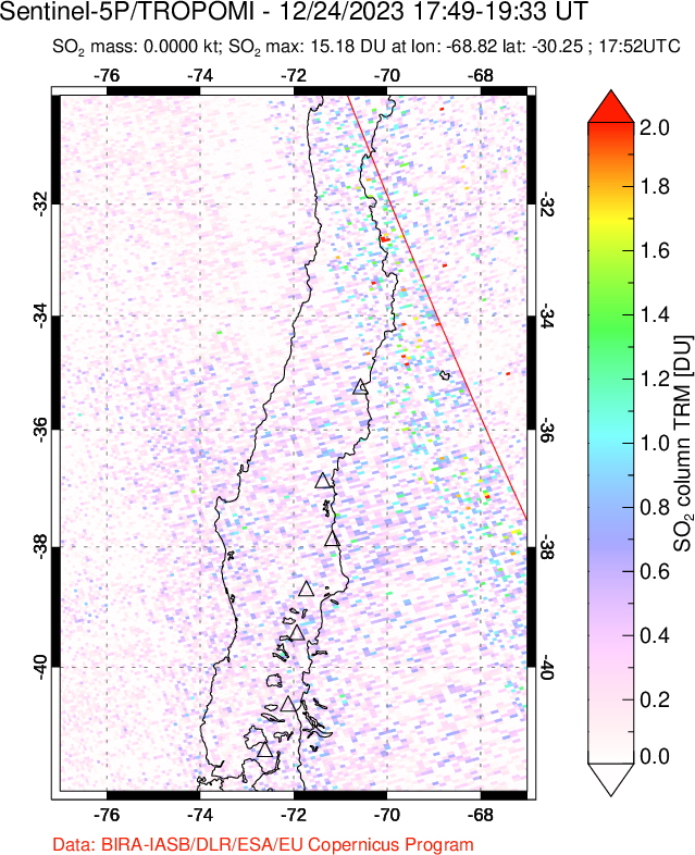 A sulfur dioxide image over Central Chile on Dec 24, 2023.