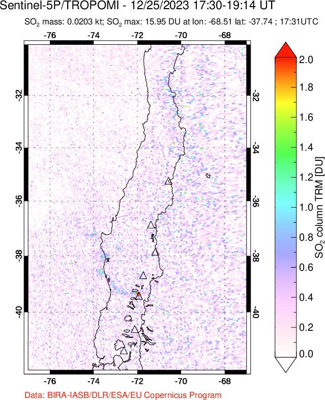 A sulfur dioxide image over Central Chile on Dec 25, 2023.