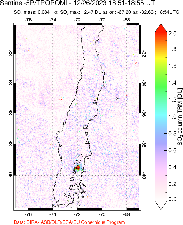 A sulfur dioxide image over Central Chile on Dec 26, 2023.