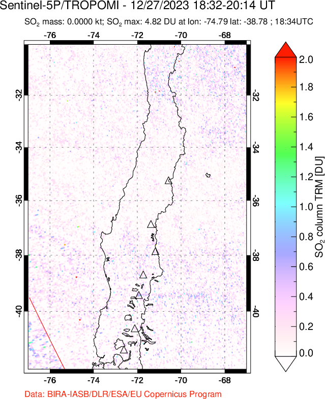 A sulfur dioxide image over Central Chile on Dec 27, 2023.