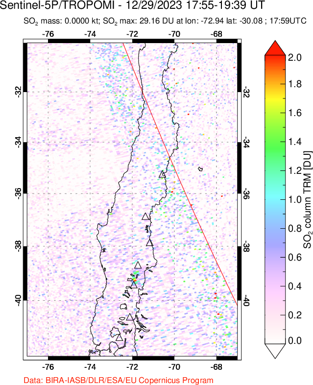 A sulfur dioxide image over Central Chile on Dec 29, 2023.