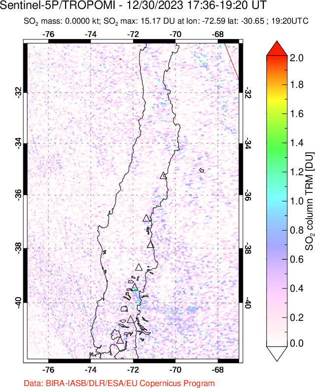 A sulfur dioxide image over Central Chile on Dec 30, 2023.