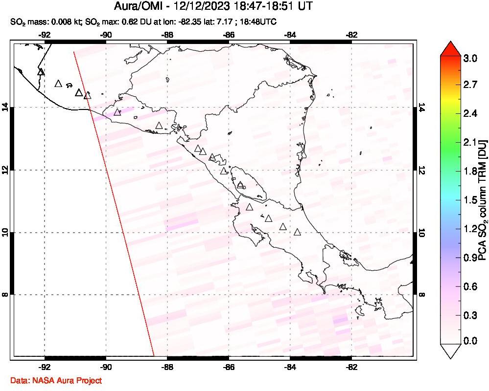 A sulfur dioxide image over Central America on Dec 12, 2023.
