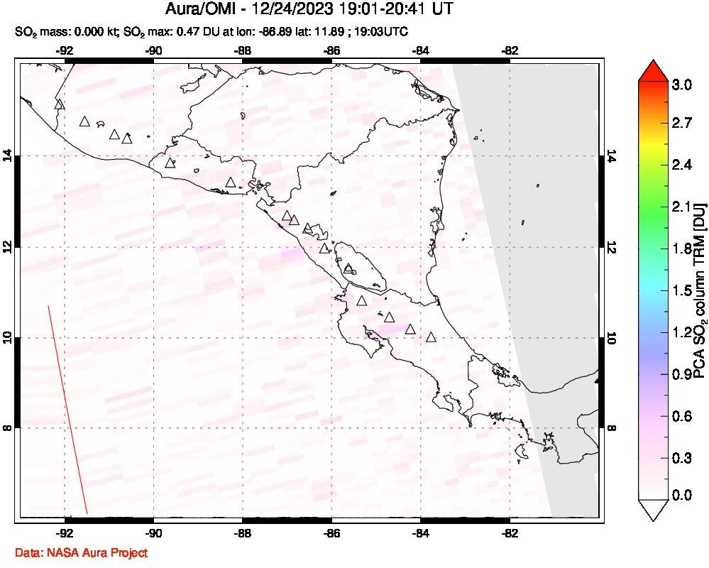 A sulfur dioxide image over Central America on Dec 24, 2023.