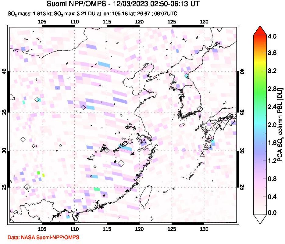 A sulfur dioxide image over Eastern China on Dec 03, 2023.
