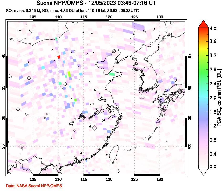 A sulfur dioxide image over Eastern China on Dec 05, 2023.