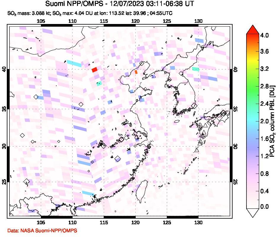 A sulfur dioxide image over Eastern China on Dec 07, 2023.
