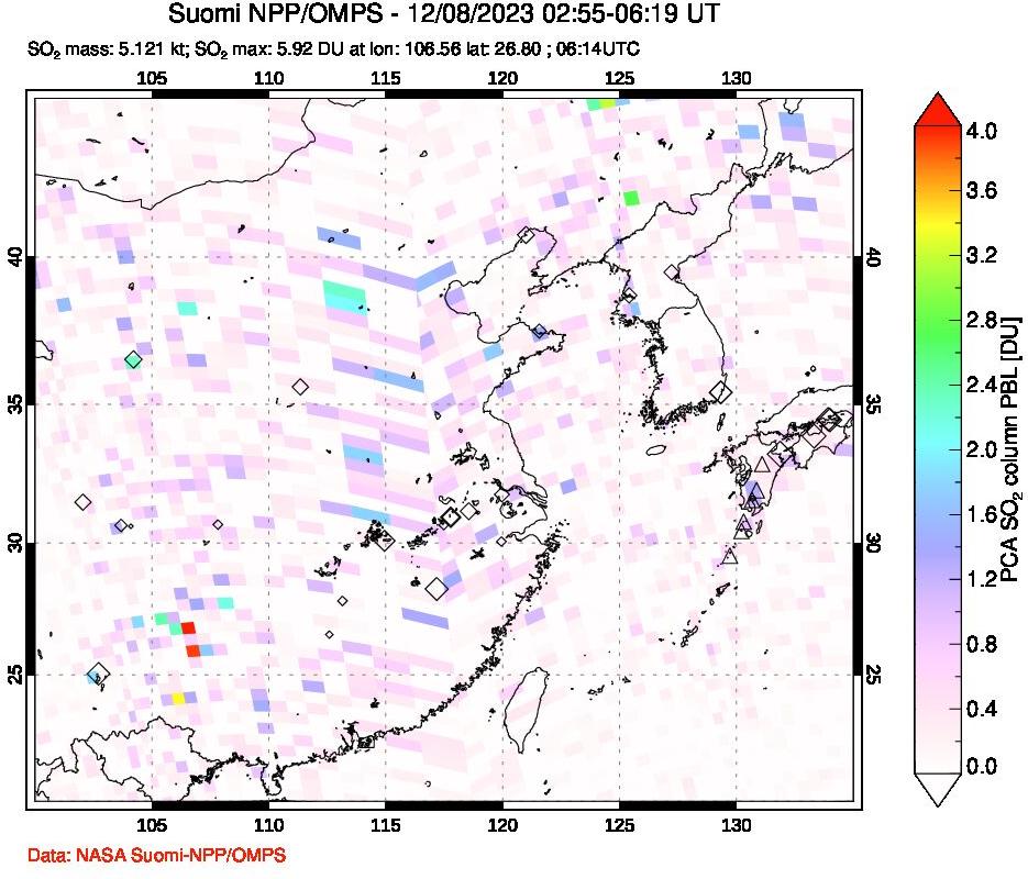 A sulfur dioxide image over Eastern China on Dec 08, 2023.