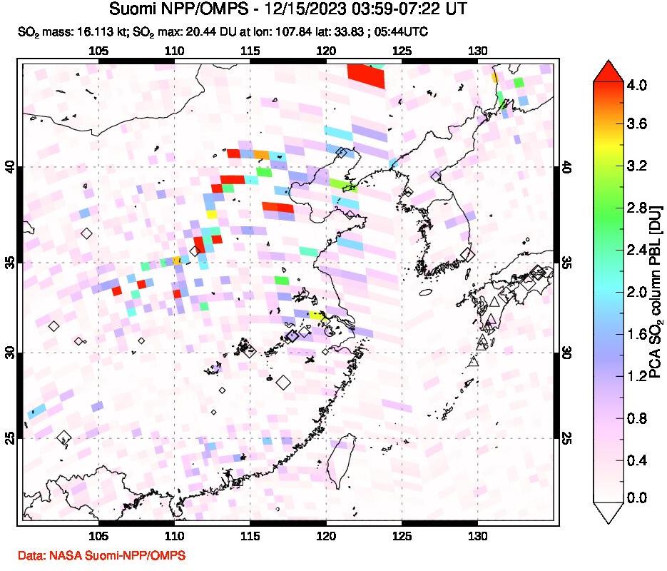 A sulfur dioxide image over Eastern China on Dec 15, 2023.
