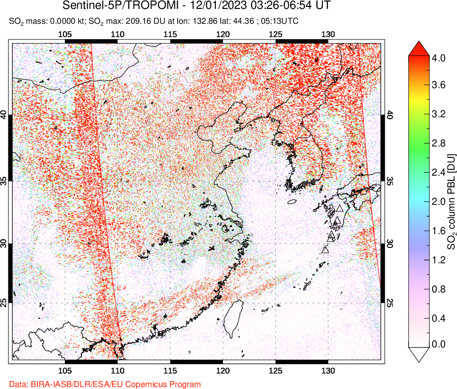 A sulfur dioxide image over Eastern China on Dec 01, 2023.