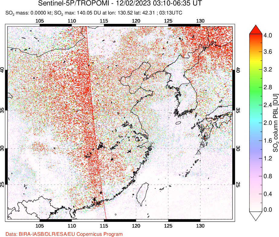 A sulfur dioxide image over Eastern China on Dec 02, 2023.