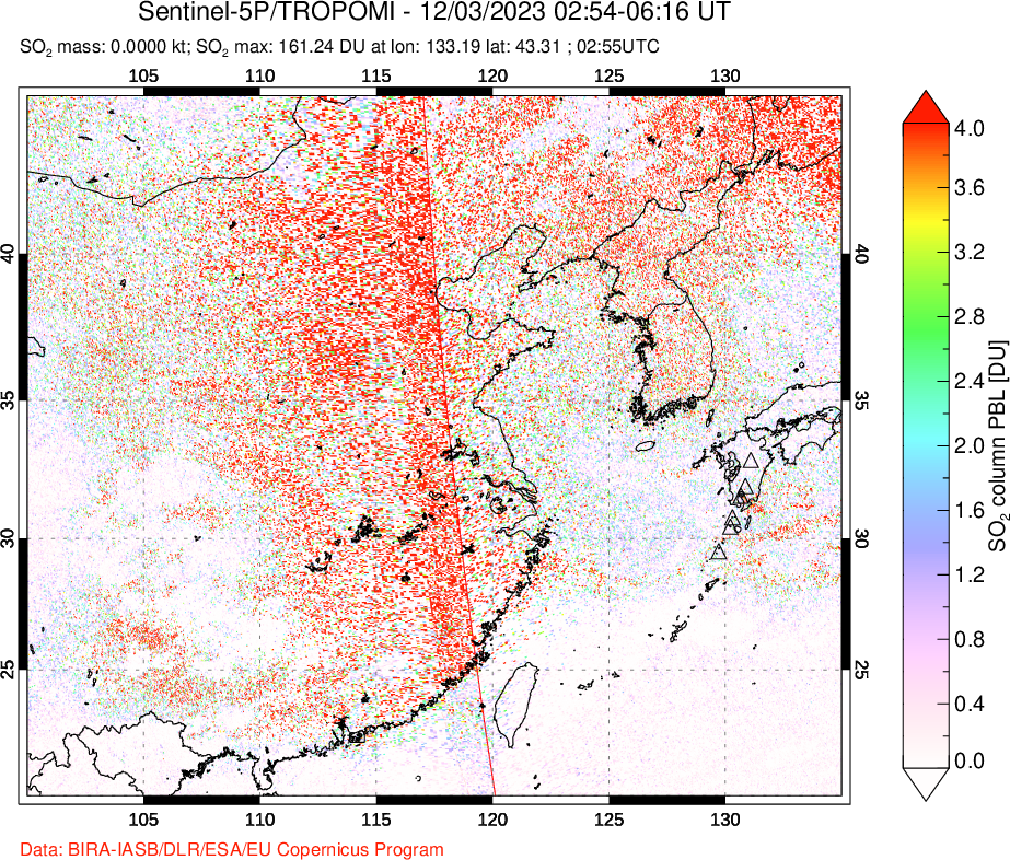 A sulfur dioxide image over Eastern China on Dec 03, 2023.