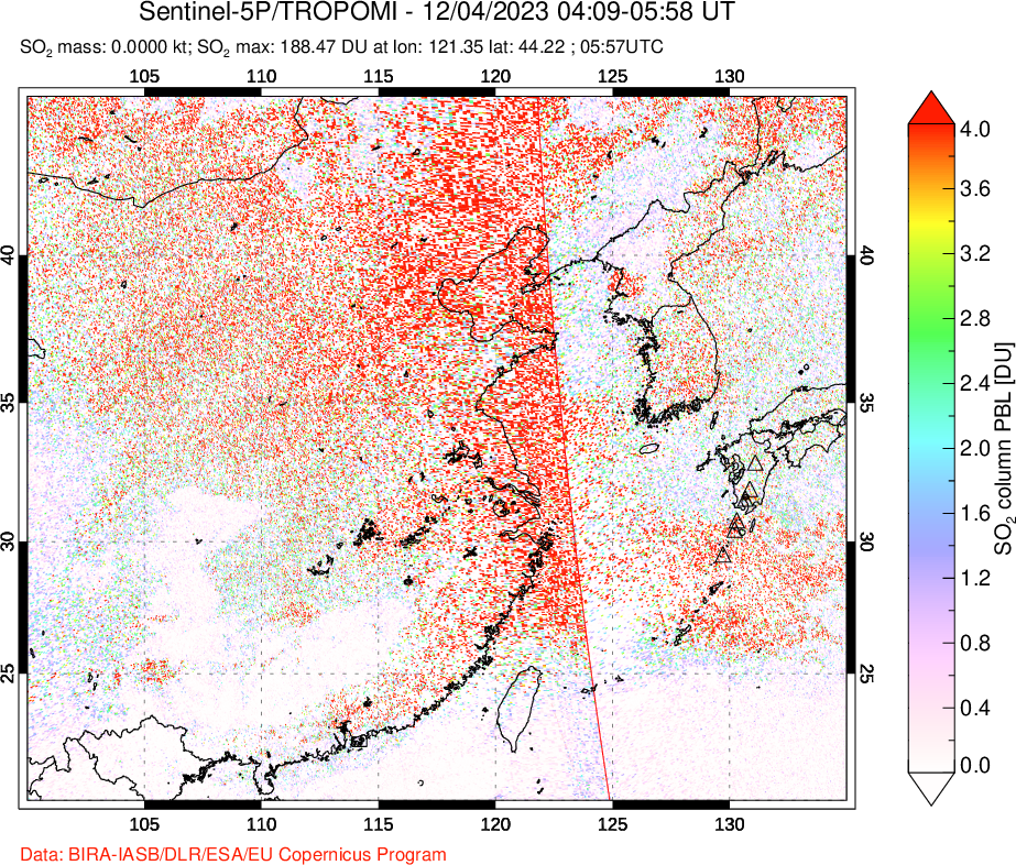 A sulfur dioxide image over Eastern China on Dec 04, 2023.