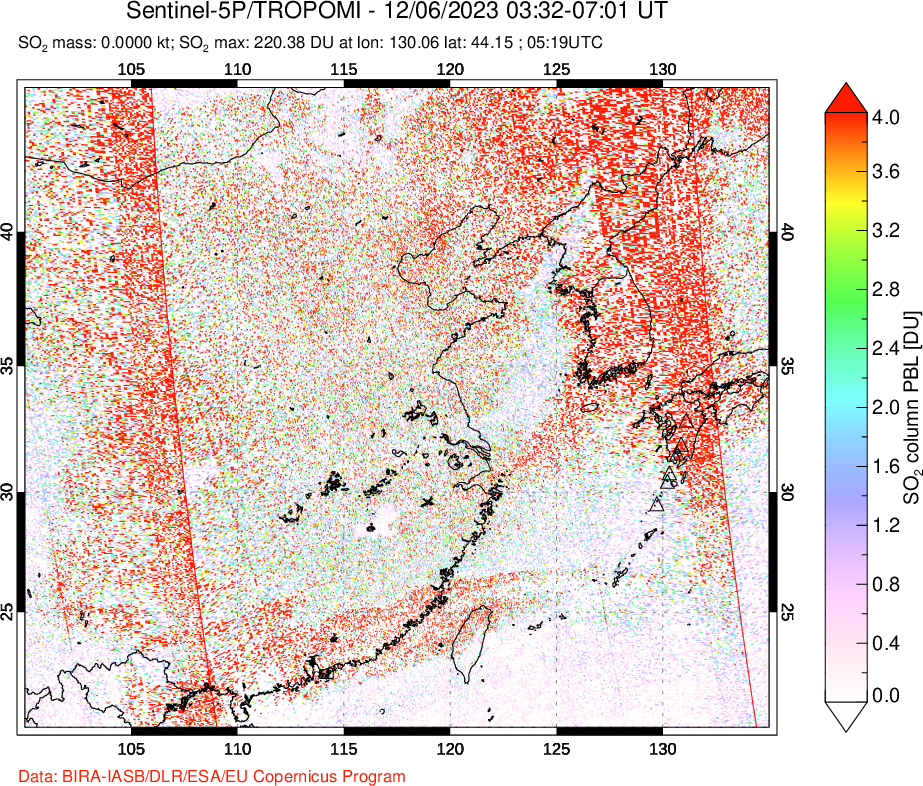 A sulfur dioxide image over Eastern China on Dec 06, 2023.