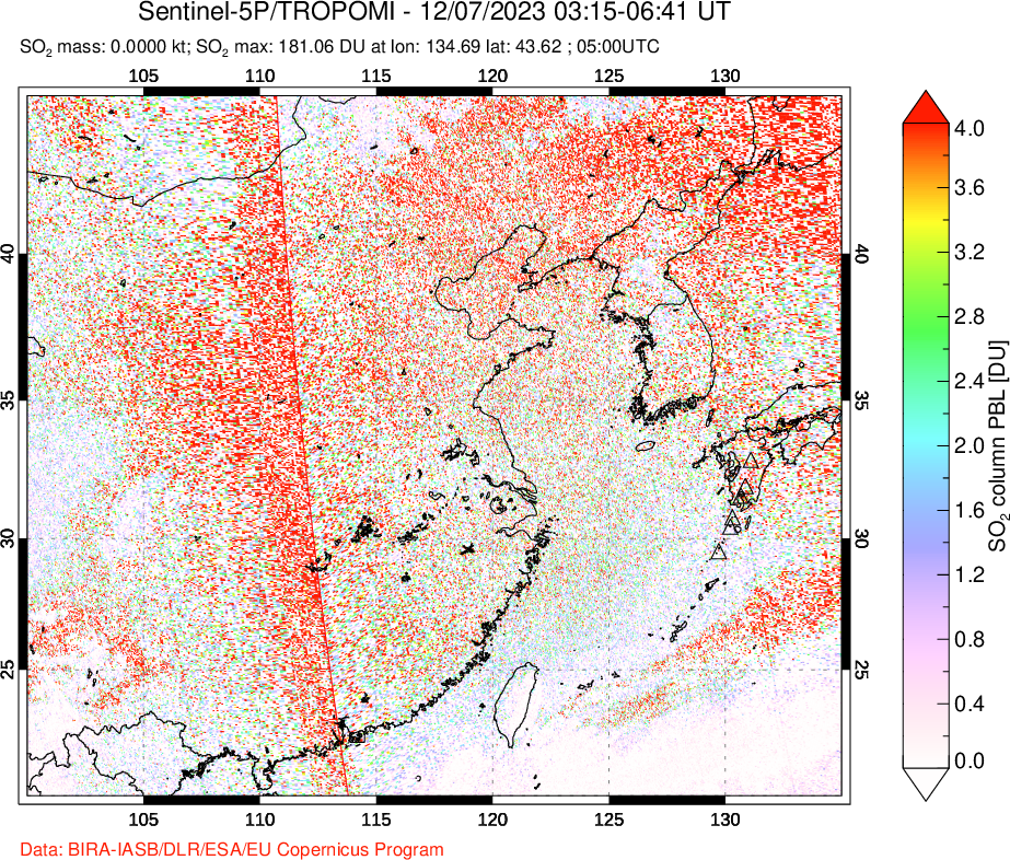 A sulfur dioxide image over Eastern China on Dec 07, 2023.
