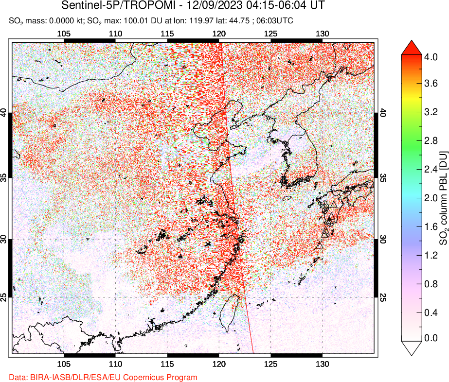 A sulfur dioxide image over Eastern China on Dec 09, 2023.