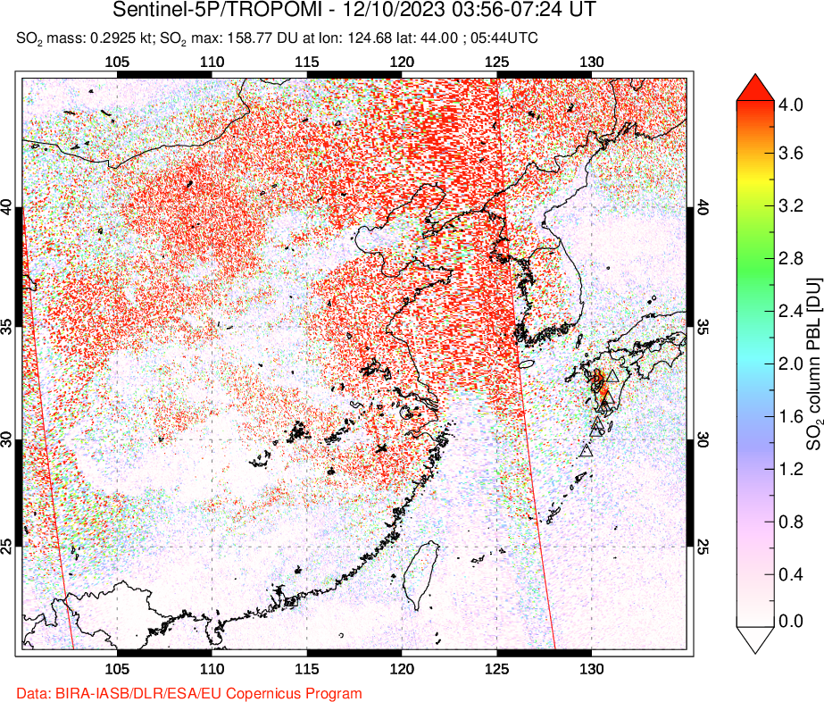 A sulfur dioxide image over Eastern China on Dec 10, 2023.