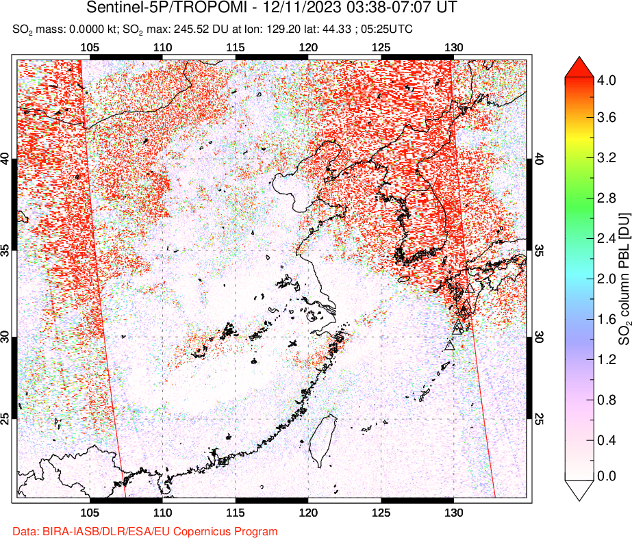 A sulfur dioxide image over Eastern China on Dec 11, 2023.