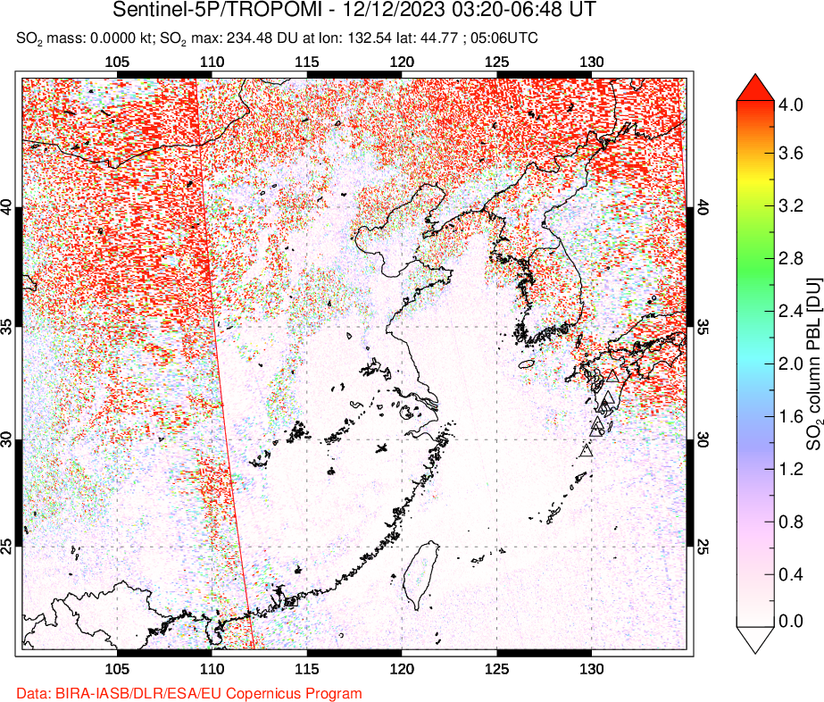 A sulfur dioxide image over Eastern China on Dec 12, 2023.