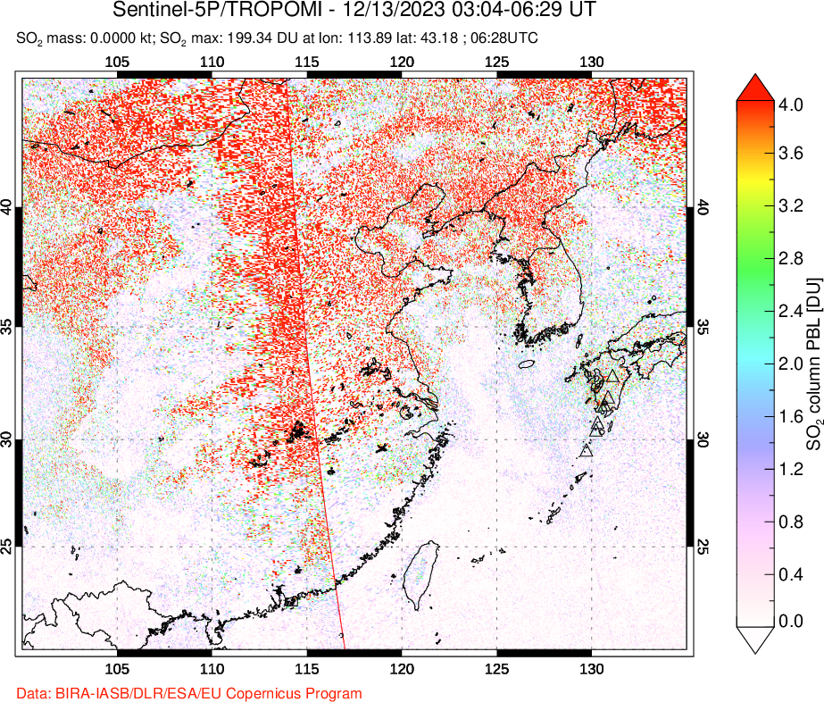 A sulfur dioxide image over Eastern China on Dec 13, 2023.
