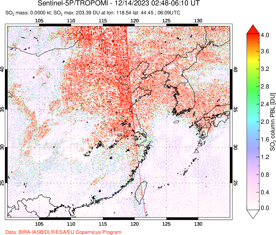 A sulfur dioxide image over Eastern China on Dec 14, 2023.