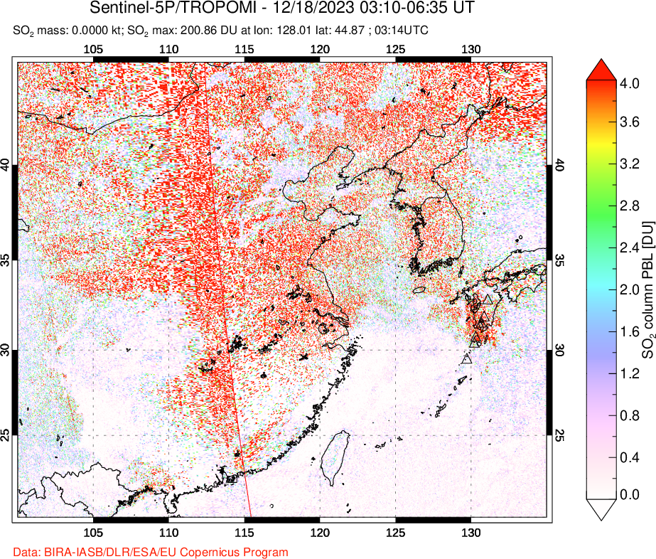 A sulfur dioxide image over Eastern China on Dec 18, 2023.