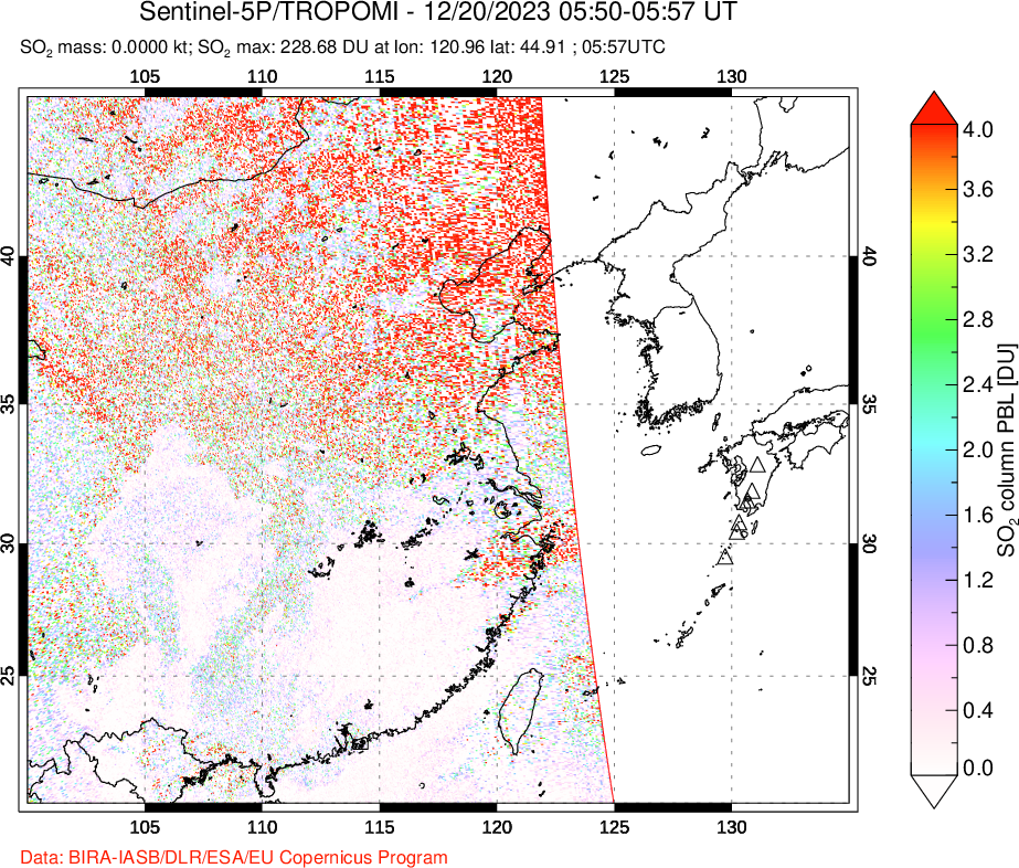 A sulfur dioxide image over Eastern China on Dec 20, 2023.