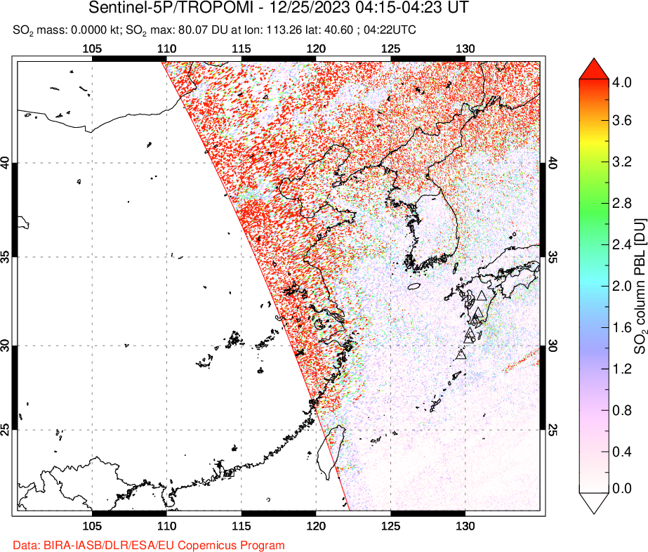 A sulfur dioxide image over Eastern China on Dec 25, 2023.