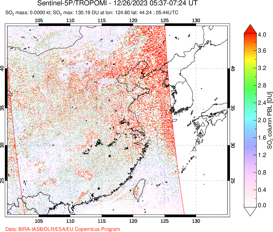 A sulfur dioxide image over Eastern China on Dec 26, 2023.