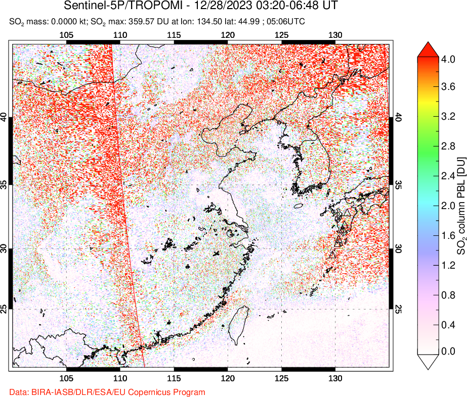 A sulfur dioxide image over Eastern China on Dec 28, 2023.