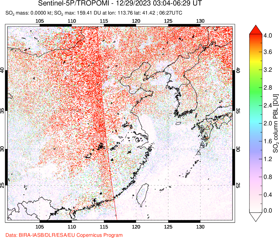 A sulfur dioxide image over Eastern China on Dec 29, 2023.