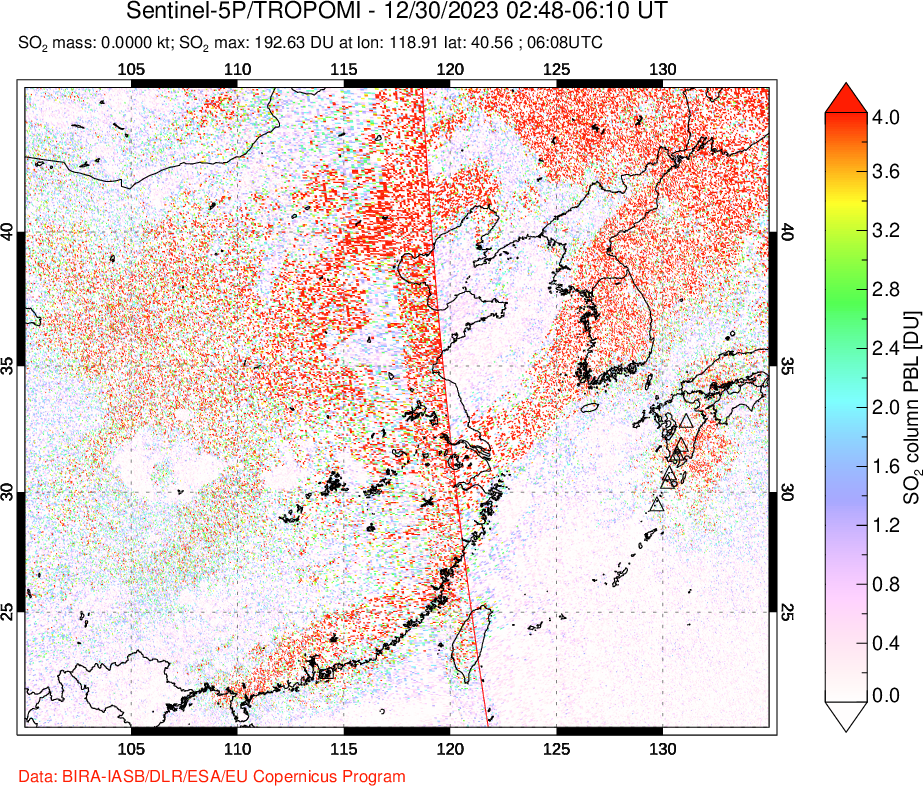 A sulfur dioxide image over Eastern China on Dec 30, 2023.