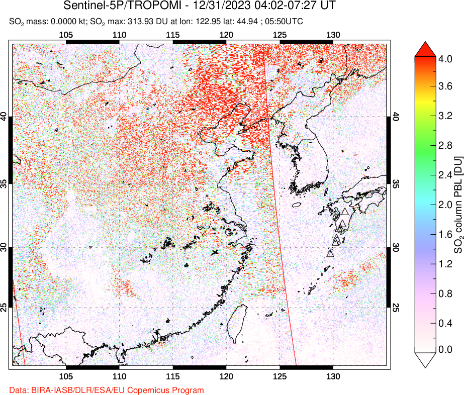 A sulfur dioxide image over Eastern China on Dec 31, 2023.