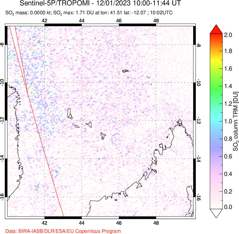 A sulfur dioxide image over Comoro Islands on Dec 01, 2023.