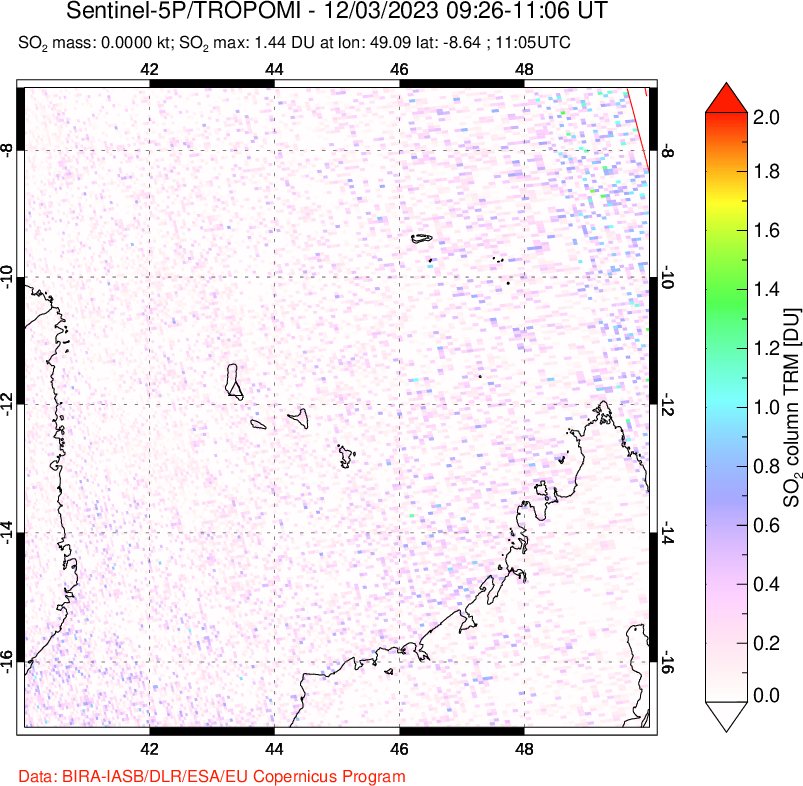 A sulfur dioxide image over Comoro Islands on Dec 03, 2023.