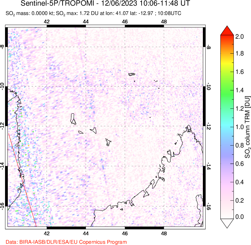 A sulfur dioxide image over Comoro Islands on Dec 06, 2023.