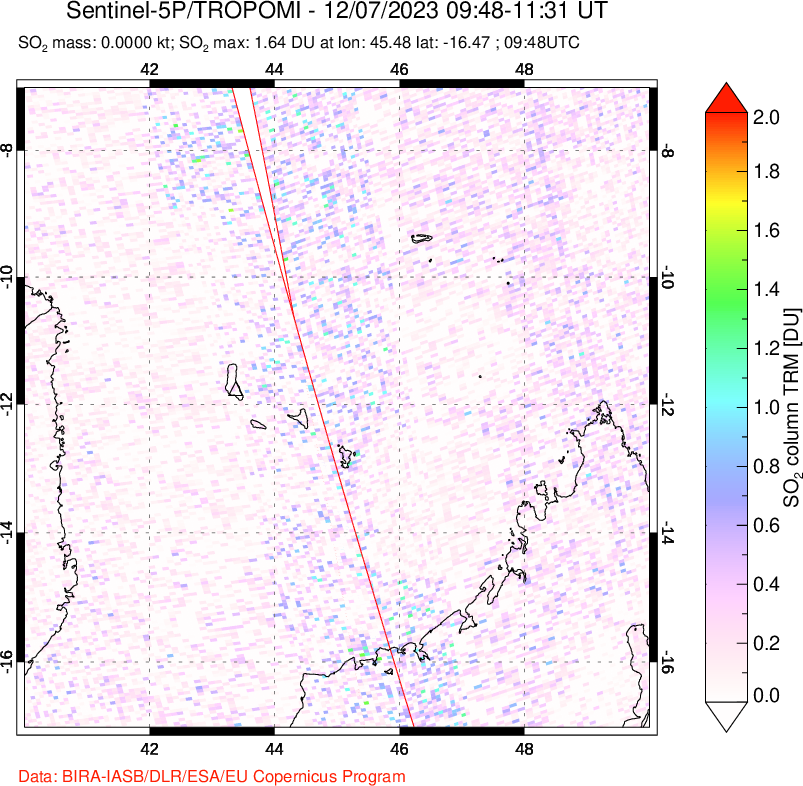 A sulfur dioxide image over Comoro Islands on Dec 07, 2023.