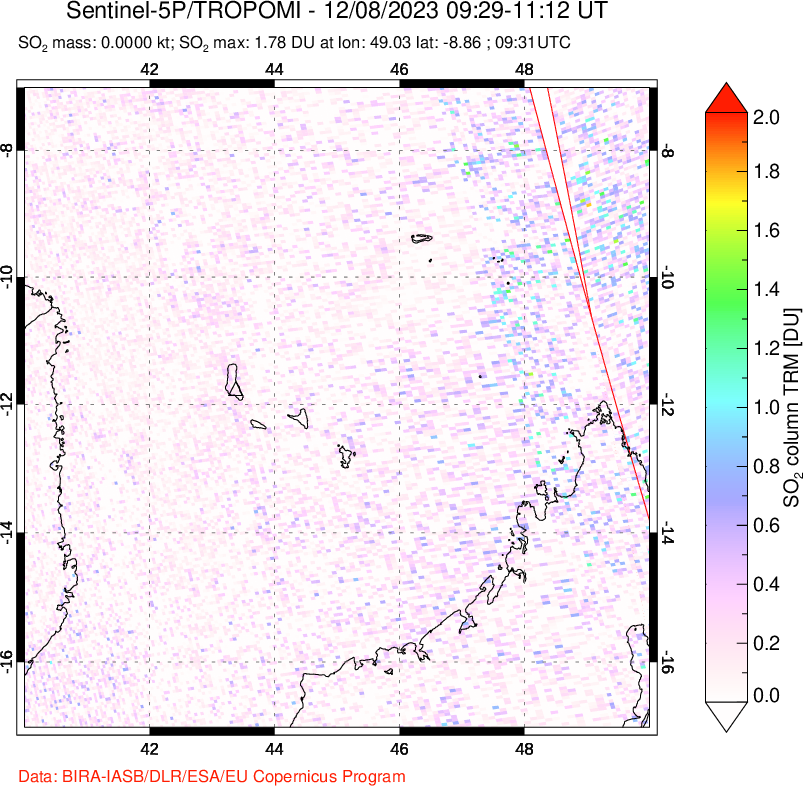 A sulfur dioxide image over Comoro Islands on Dec 08, 2023.