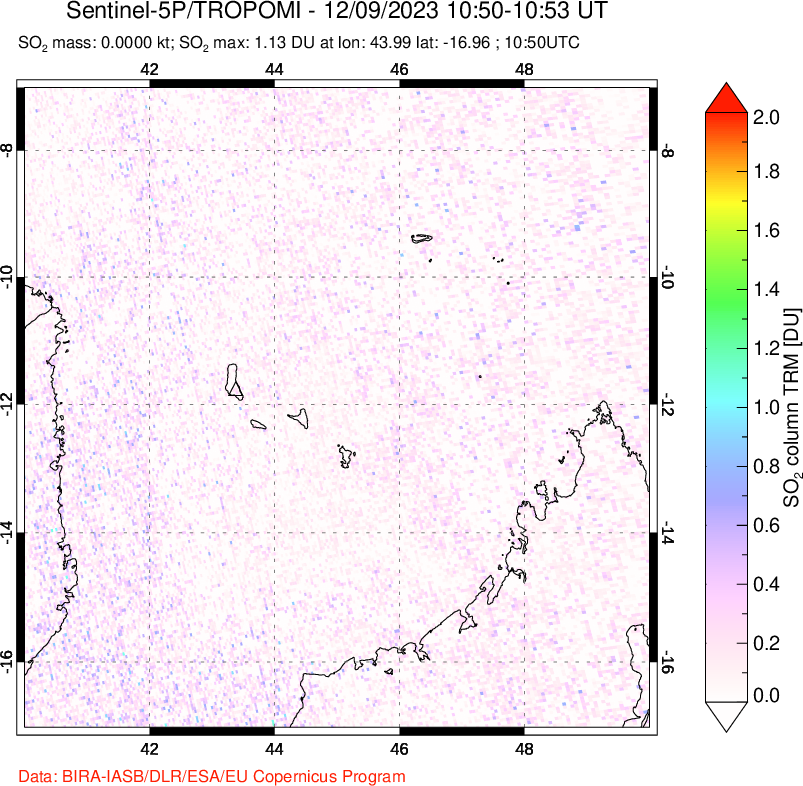 A sulfur dioxide image over Comoro Islands on Dec 09, 2023.