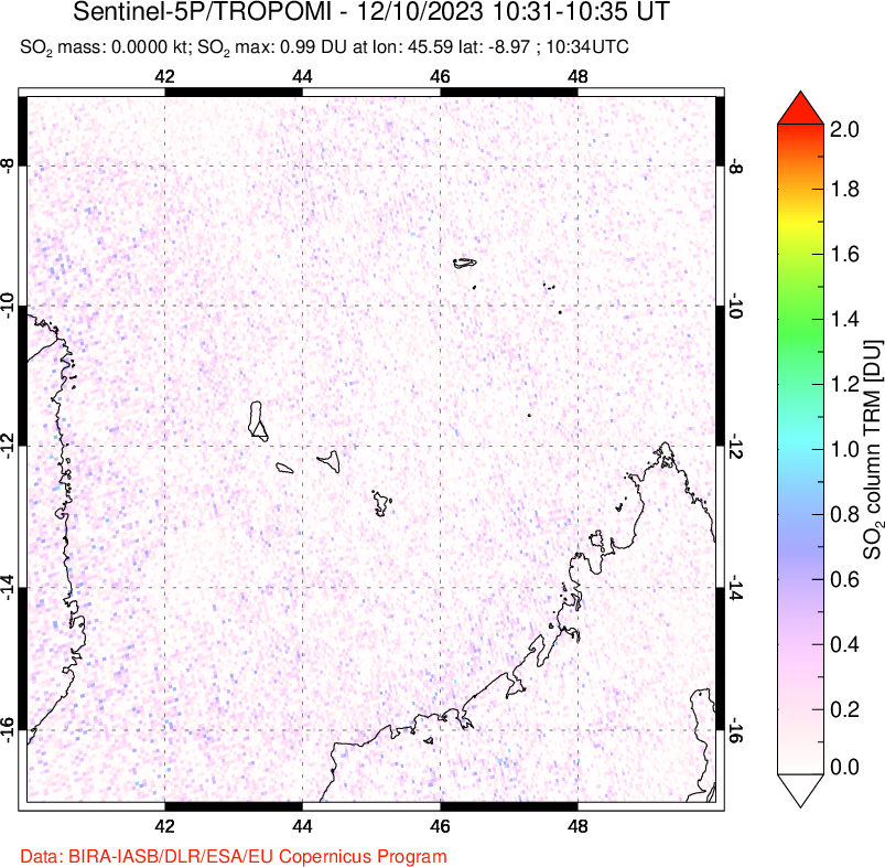 A sulfur dioxide image over Comoro Islands on Dec 10, 2023.