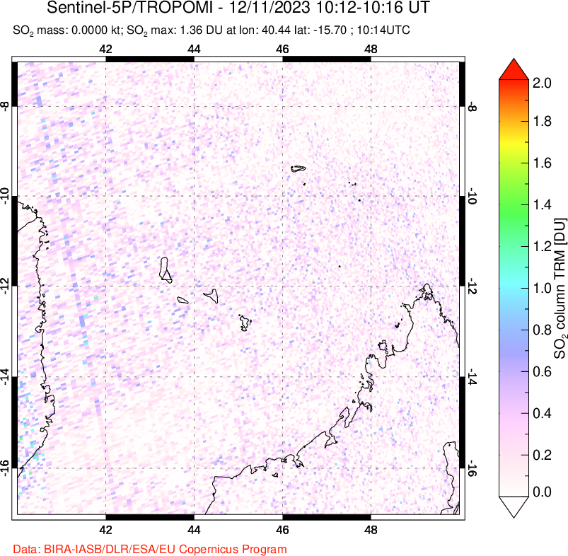 A sulfur dioxide image over Comoro Islands on Dec 11, 2023.