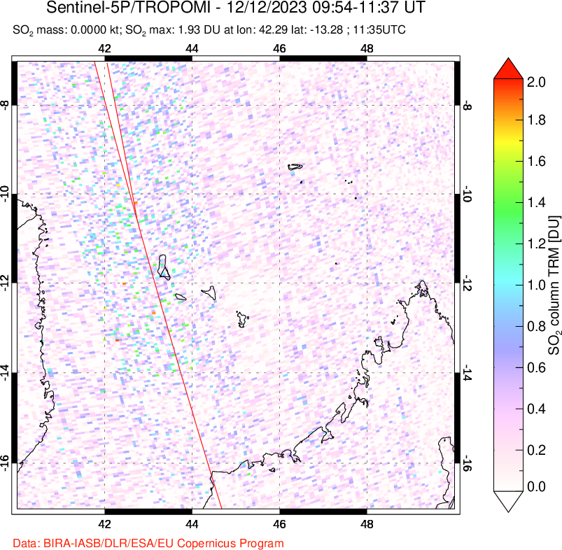 A sulfur dioxide image over Comoro Islands on Dec 12, 2023.