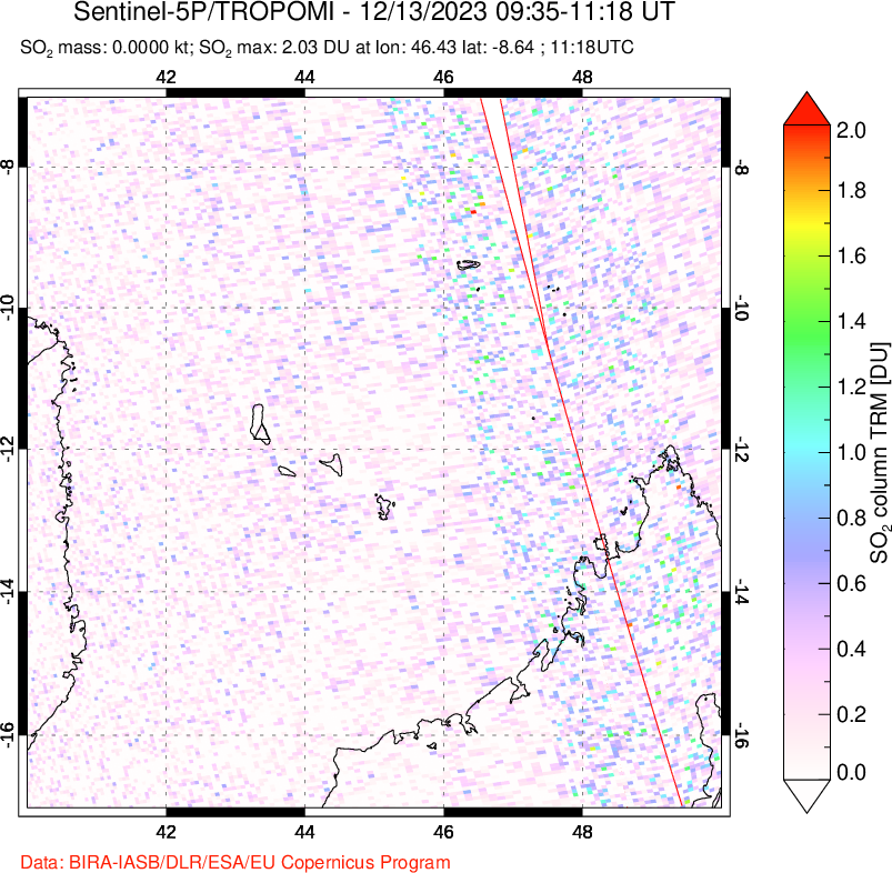 A sulfur dioxide image over Comoro Islands on Dec 13, 2023.