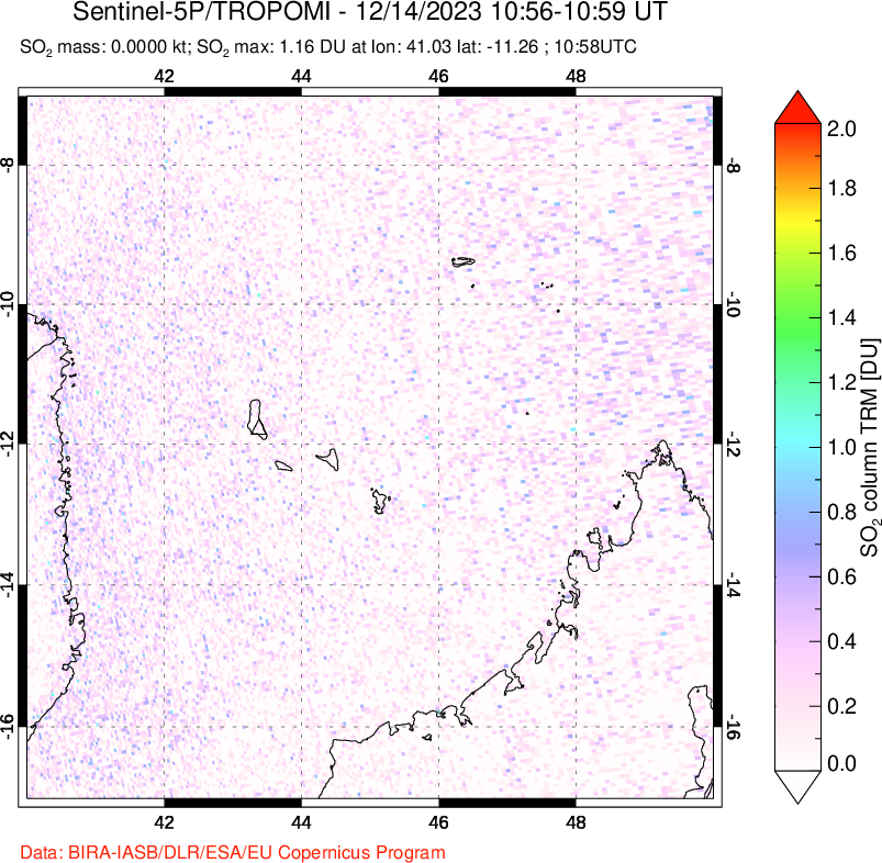 A sulfur dioxide image over Comoro Islands on Dec 14, 2023.