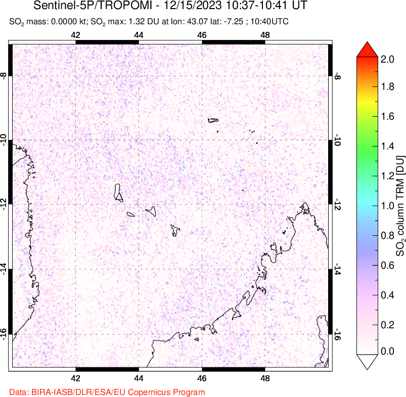 A sulfur dioxide image over Comoro Islands on Dec 15, 2023.