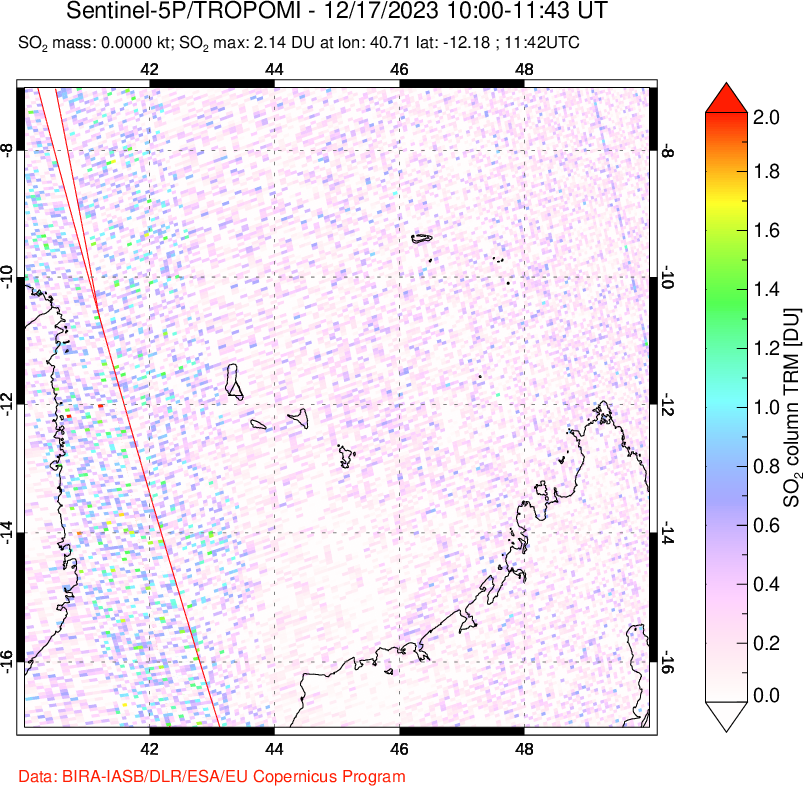 A sulfur dioxide image over Comoro Islands on Dec 17, 2023.