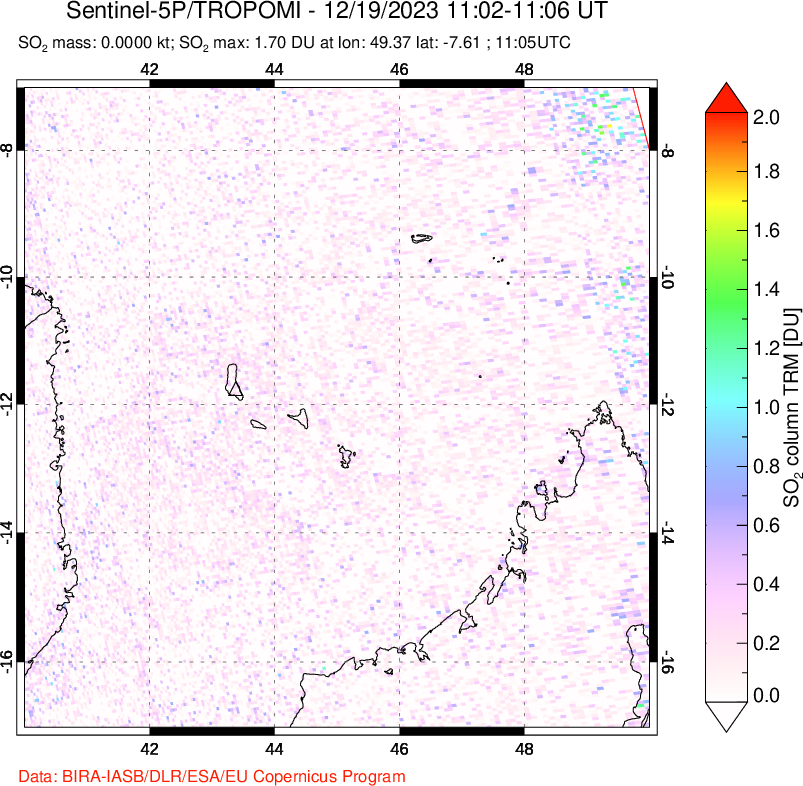 A sulfur dioxide image over Comoro Islands on Dec 19, 2023.